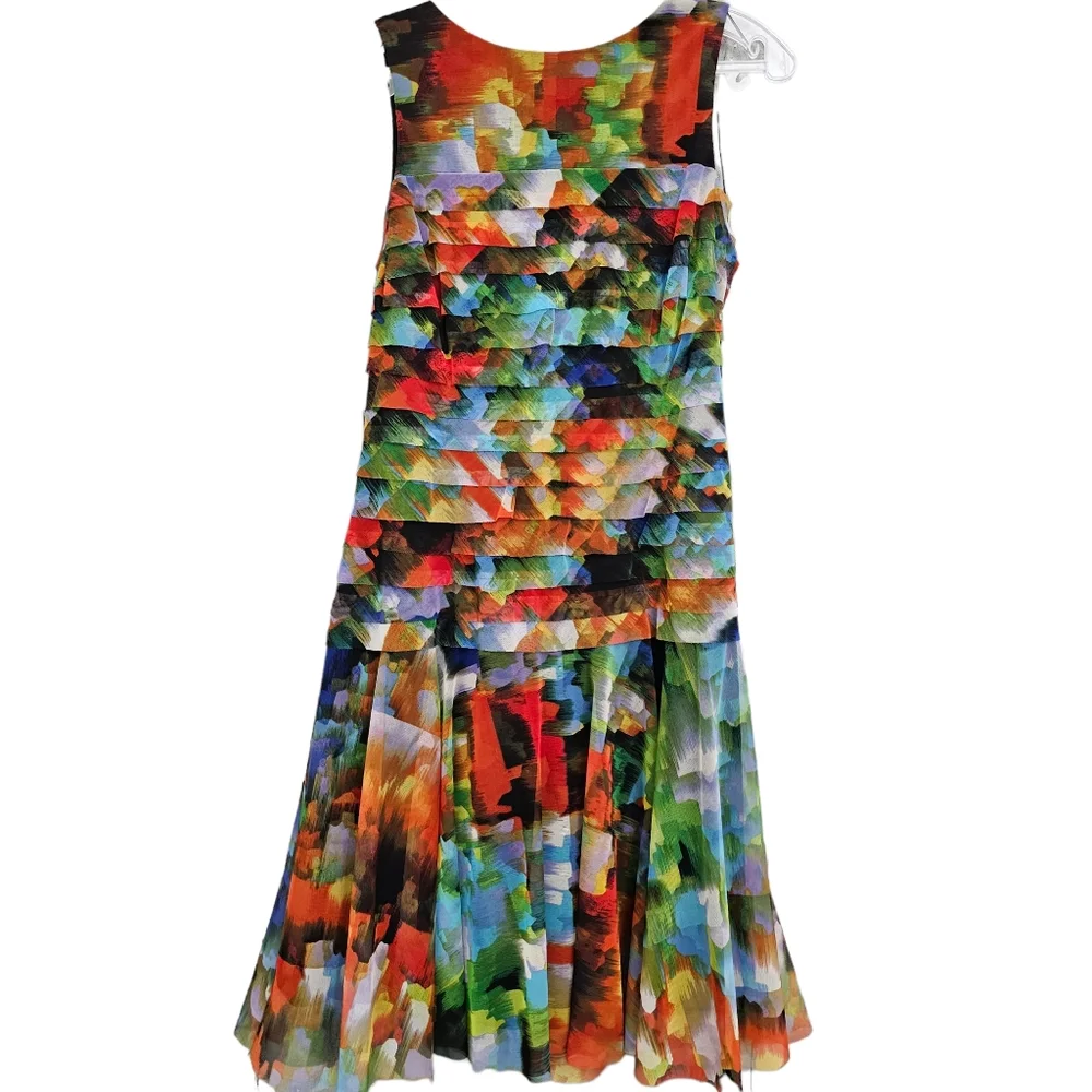 London Times Jeweltones Abstract Paint Splash Tiered Sleeveless Mesh Dress - Picture 15 of 15